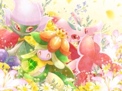 Rule 34 | bright pupils, commentary request, creatures (company), falling petals, flower, game freak, gen 4 pokemon, gen 5 pokemon, gen 7 pokemon, lilligant, looking at viewer, lurantis, maiko (mimi), nintendo, no humans, open mouth, orange eyes, petals, pokemon, pokemon (creature), red eyes, roserade, smile, sparkle, white flower, white pupils