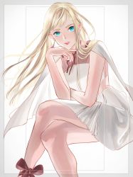 Rule 34 | 1girl, ado002, bare legs, blonde hair, blue eyes, cape, crossed arms, dress, earrings, floating hair, gigi andalusia, gundam, gundam hathaway&#039;s flash, highres, jewelry, lipstick, long hair, looking at viewer, makeup, nail polish, neck ribbon, parted lips, red nails, ribbon, short dress, sitting, sleeveless, sleeveless dress, solo, very long hair, white cape, white dress