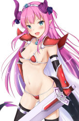 Rule 34 | 10s, 1girl, :d, absurdres, akazawa kureha, armor, bikini, bikini armor, black gloves, black thighhighs, blush, breasts, collarbone, cowboy shot, earrings, elbow gloves, elizabeth bathory (brave) (fate), elizabeth bathory (fate), fang, fate/extra, fate/extra ccc, fate/grand order, fate (series), gauntlets, gloves, groin, highres, holding, holding sword, holding weapon, horns, jewelry, long hair, looking at viewer, loose bikini, navel, open mouth, pauldrons, pink hair, pointy ears, red armor, red bikini, shoulder armor, simple background, small breasts, smile, solo, swimsuit, sword, thighhighs, thighs, tiara, tsurime, weapon, white background