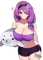 Rule 34 | 1girl, artist name, bandeau, bare shoulders, black hairband, black shorts, blush, breasts, cleavage, closed mouth, collarbone, commission, hairband, highres, holding, holding stuffed toy, large breasts, looking at viewer, mole, mole under eye, navel, original, purple eyes, purple hair, rukiadaichi, shorts, smile, solo, strapless, stuffed seal, stuffed toy, tube top