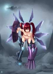 Rule 34 | 1girl, breasts, duplicate, female focus, highres, long hair, looking at viewer, mecha musume, navel, nipples, nude, original, pussy, red eyes, red hair, silent-fly, small breasts, smile, solo, twintails, uncensored