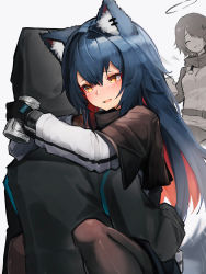 Rule 34 | 1other, 2girls, :d, ^ ^, absurdres, animal ears, arknights, black capelet, black coat, black gloves, black legwear, blue hair, blush, capelet, character name, closed eyes, coat, doctor (arknights), drunk, exusiai (arknights), gloves, halo, highres, hug, long hair, long sleeves, motion lines, multicolored hair, multiple girls, open mouth, pantyhose, partially colored, red hair, smile, tab head, tail, tail wagging, texas (arknights), two-tone hair, very long hair, wolf ears, wolf girl, wolf tail