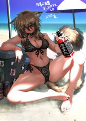 1girl 2023 absurdres alcohol animal_ears animal_print arm_support artist_name barefoot beach beach_umbrella beer beer_can bikini blonde_hair blue_eyes bottle breasts can cb cleavage collar commentary_request cooler dated drink_can earrings feet front-tie_bikini_top front-tie_top full_body highres holding jack_daniel&#039;s jewelry leaning_back leopard_print looking_at_viewer medium_breasts medium_hair nail_polish navel neck_bell ocean original outdoors piercing sand sand_on_skin shade side-tie_bikini_bottom signature sitting sky solo spread_legs swimsuit tail umbrella water whiskey