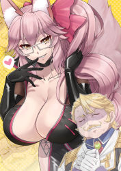 Rule 34 | 1girl, animal ear fluff, animal ears, black bodysuit, black choker, blonde hair, bodysuit, bow, breasts, center opening, choker, cleavage, clenched teeth, closed eyes, collarbone, epaulettes, facial hair, fate/grand order, fate (series), finger to mouth, fox ears, fox girl, fox tail, glasses, goredolf musik, grin, hair between eyes, hair bow, heart, hip vent, jacket, koyanskaya (assassin) (first ascension) (fate), koyanskaya (fate), large breasts, leaning forward, long hair, looking at viewer, mustache, pink bow, pink hair, ponytail, shaded face, short hair, sidelocks, smile, spoken heart, tail, tamamo (fate), teeth, thighs, tukisaya, white jacket, yellow background, yellow eyes