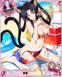 Rule 34 | 10s, 1girl, animal ears, artist request, bishop (chess), black hair, breasts, card (medium), cat ears, cat tail, character name, chess piece, cleavage, hair rings, high school dxd, high school dxd infinity, innertube, kuroka (high school dxd), large breasts, multiple tails, official art, solo, swim ring, swimsuit, tail, torn clothes, torn swimsuit, trading card, yellow eyes