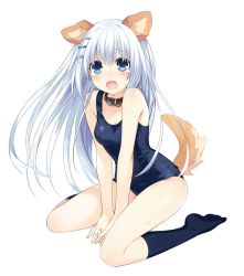 Rule 34 | 10s, 1girl, animal ears, breasts, collar, date a live, dog ears, highres, kneeling, long hair, official art, school swimsuit, silver hair, small breasts, socks, solo, swimsuit, tail, tears, tobiichi origami, tsunako