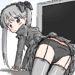 Rule 34 | 1girl, black dress, black panties, black thighhighs, dress, game console, garter belt, goth fashion, lingerie, lowres, oekaki, panties, playstation 3, ps-tan, ps3-tan, solo, sony, thighhighs, twintails, underwear