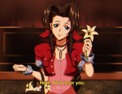 Rule 34 | 1girl, aerith gainsborough, artistc0, bangle, basket, bracelet, braid, braided ponytail, breasts, brown hair, buttons, choker, cleavage, cropped jacket, dress, final fantasy, final fantasy vii, final fantasy vii remake, flower, flower basket, flower choker, green eyes, hair ribbon, highres, holding, holding basket, holding flower, jacket, jewelry, lily (flower), long hair, looking at viewer, loveless avenue, medium breasts, parted bangs, pink dress, puffy short sleeves, puffy sleeves, red jacket, red ribbon, retro artstyle, ribbon, short sleeves, sidelocks, single braid, smile, solo, square enix, subtitled, twitter username, upper body, wavy hair, yellow flower