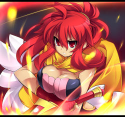 Rule 34 | 1girl, breasts, cleavage, fire, fire, katami shinta, large breasts, letterboxed, long hair, open mouth, red eyes, red hair, shinrabanshou, shiten rekka karin, solo, sword, weapon