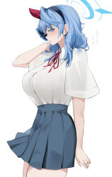 Rule 34 | 1girl, absurdres, ako (blue archive), alternate costume, blue archive, blue eyes, blue hair, blue skirt, blush, breasts, halo, highres, huge breasts, looking at viewer, neck ribbon, pleated skirt, ribbon, san (harutuki 3), school uniform, see-through silhouette, shirt, shirt tucked in, short sleeves, sideways glance, skirt, solo, tented shirt, translation request, white shirt