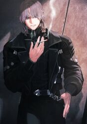 Rule 34 | 1boy, @ @, armored core, armored core 6, cigarette, cowboy shot, highres, holding, holding cigarette, jacket, jun (navigavi), large hands, leather, leather jacket, leather pants, light brown hair, looking at viewer, male focus, medium hair, pants, purple eyes, scar, scar on hand, smile, solo, v.iv rusty