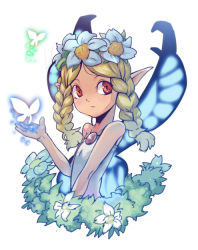 Rule 34 | 1girl, 4hands, blonde hair, braid, bug, butterfly, butterfly wings, child, fairy, flower, insect, insect wings, mercedes (odin sphere), odin sphere, pointy ears, red eyes, solo, twin braids, wings
