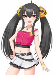 Rule 34 | 1girl, ahoge, arm at side, armpits, artist request, bare arms, bare shoulders, black hair, bracelet, clenched hand, collarbone, crop top, eyelashes, female focus, flat chest, gyaru, hair between eyes, hair ornament, hand on own hip, heart, heart necklace, highres, idolmaster, idolmaster cinderella girls, idolmaster cinderella girls u149, jewelry, legs, long hair, long twintails, looking at viewer, matoba risa, mesugaki, midriff, miniskirt, namco, navel, neck, necklace, open mouth, sidelocks, skirt, smug, standing, thighs, twintails, very long hair, white skirt, yellow eyes