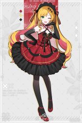 Rule 34 | 1girl, alternate costume, black gloves, black pantyhose, blonde hair, commentary request, dress, elbow gloves, full body, gloves, green eyes, highres, long hair, multicolored clothes, multicolored dress, nijisanji, nijisanji kr, one eye closed, pantyhose, red dress, red footwear, seffyna, solo, swept bangs, twintails, virtual youtuber, waka (wk4444)