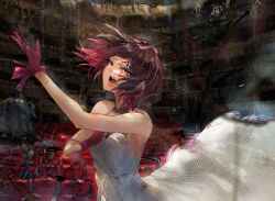 Rule 34 | 1girl, abandoned, azki (hololive), black hair, chair, commentary request, dress, funi mu9, gloves, heterochromia, highres, hololive, music, open mouth, pink hair, purple eyes, red gloves, short hair, singing, sleeveless, sleeveless dress, solo, stage, theater, virtual youtuber, white dress