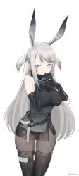 Rule 34 | 1girl, absurdres, animal ears, arknights, asymmetrical gloves, bare shoulders, black dress, black gloves, black pantyhose, boots, cowboy shot, dress, elbow gloves, gloves, grey eyes, grey hair, highres, long hair, looking at viewer, own hands together, pantyhose, parted lips, rabbit ears, savage (arknights), side slit, simple background, skindentation, sleeveless, sleeveless dress, smile, solo, thigh boots, thigh gap, twitter username, two side up, vchan, very long hair, white background