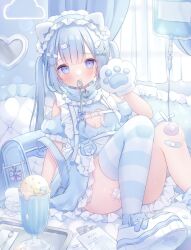 Rule 34 | 1girl, animal ears, animal hands, backpack, bag, bandaid, bandaid on knee, bandaid on leg, blue bag, blue dress, blue eyes, blue hair, blue theme, blue thighhighs, cat paws, dress, fake animal ears, frilled dress, frills, hair ornament, hairclip, highres, intravenous drip, long hair, omochi monaka, original, single thighhigh, sitting, solo, spoon, thighhighs, twintails, utensil in mouth, x hair ornament