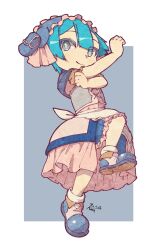 Rule 34 | 1boy, androgynous, apron, blue capelet, blue corset, blue eyes, blue hair, blush, capelet, child, corset, frilled apron, frilled hairband, frills, hairband, highres, keimura (ksong), looking at viewer, made in abyss, maid, maid apron, maid headdress, male focus, maruruk, pouch, short hair, simple background, smile, standing, standing on one leg, trap, waist apron, white apron, yellow pupils
