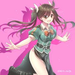 Rule 34 | 10s, 1girl, :d, blush, brown eyes, brown hair, cowboy shot, hair between eyes, hair ribbon, kantai collection, long hair, no panties, open mouth, outstretched arms, pelvic curtain, ribbon, serino itsuki, side slit, smile, solo, spread arms, tone (kancolle), tone kai ni (kancolle), twintails, twitter username