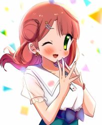 Rule 34 | 1girl, ;), artist name, artist request, blue bow, blush, bow, bow earrings, bracelet, breasts, buttons, collared shirt, earrings, female focus, fingers together, green eyes, hair bun, hair ornament, hairclip, jewelry, looking at viewer, love live!, love live! nijigasaki high school idol club, love live! school idol festival, maru ccy, one eye closed, orange hair, own hands together, parted lips, puffy short sleeves, puffy sleeves, red hair, sailor collar, shirt, short hair, short sleeves, side bun, single hair bun, smile, solo, star (symbol), star hair ornament, uehara ayumu, upper body, white background, white sailor collar, white shirt, yellow eyes
