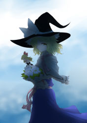Rule 34 | alice margatroid, apron, blonde hair, blue background, blue dress, bouquet, bow, capelet, closed eyes, dress, flower, frills, hair bow, hair over one eye, half-closed eyes, hat, hat ribbon, highres, holding, holding bouquet, hourai doll, htangt, hydrangea, leaf, looking at viewer, pink sash, red bow, ribbon, sash, shaded face, short hair, touhou, waist apron, white background, white bow, white flower, witch hat, yellow eyes
