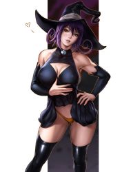 Rule 34 | 1girl, artist name, black background, black hat, blair (soul eater), breasts, cleavage, cleavage cutout, clothes lift, clothing cutout, collarbone, covered erect nipples, dandon fuga, detached sleeves, dress, dress lift, fingernails, flipped hair, gradient background, hair between eyes, hand on own hip, hand up, hat, heart, highleg, highleg panties, highres, large breasts, legs apart, lifted by self, lips, looking at viewer, medium hair, no bra, panties, parted lips, purple hair, sidelocks, solo, soul eater, standing, thick thighs, thighhighs, thighs, underwear, white background, wide hips, witch hat, yellow panties
