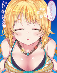 Rule 34 | 1girl, blonde hair, blush, breasts, cleavage, closed eyes, collarbone, facing viewer, hachimiya meguru, hair ornament, highres, idolmaster, idolmaster shiny colors, incoming kiss, jewelry, large breasts, necklace, parted lips, rice oomori, shiny skin, short hair, smile, solo focus, upper body
