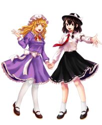 Rule 34 | 2girls, arm belt, black eyes, black footwear, black hair, black headwear, black skirt, blonde hair, bow, bowtie, breasts, brown footwear, collared dress, collared shirt, commentary request, dress, fedora, frilled dress, frilled skirt, frills, full body, happy, hat, hat bow, holding hands, juliet sleeves, korean commentary, kuya (hey36253625), long hair, long sleeves, looking at viewer, maribel hearn, mary janes, medium hair, mob cap, multiple girls, necktie, open mouth, outstretched arm, pantyhose, pocket, puffy sleeves, purple dress, red bow, red bowtie, red necktie, sash, shirt, shoes, simple background, skirt, small breasts, socks, standing, tie clip, touhou, usami renko, white background, white bow, white headwear, white pantyhose, white sash, white shirt, white socks, yellow eyes