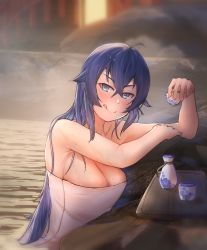 Rule 34 | 1girl, :q, aged up, ahoge, alternate breast size, armpits, bathing, blue eyes, blue hair, blurry, blurry background, blush, breasts, choko (cup), cleavage, closed mouth, commentary request, crossed bangs, cup, hair between eyes, holding, holding cup, large breasts, leaning on object, long hair, looking at viewer, mushoku tensei, naked towel, night, onsen, outdoors, partially submerged, rock, roxy migurdia, shadow, sidelocks, smile, solo, steam, tokkuri, tongue, tongue out, towel, tray, upper body, very long hair, water, wet, white towel, ygahh