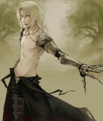Rule 34 | 1boy, arita youko, armor, blonde hair, blue eyes, long hair, male focus, nature, outdoors, topless male, solo, sydney losstarot, vagrant story