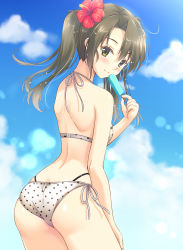 Rule 34 | 1girl, ass, bare arms, bare shoulders, bikini, blue sky, blush, breasts, brown hair, closed mouth, cowboy shot, day, flower, food, from behind, green eyes, hair flower, hair ornament, halterneck, hibiscus, highres, holding, holding food, kantai collection, long hair, looking at viewer, looking back, minakami nagara, multi-strapped bikini, outdoors, polka dot, polka dot bikini, popsicle, red flower, ribbon, side-tie bikini bottom, sky, small breasts, smile, solo, swimsuit, twintails, white bikini, white ribbon, zuikaku (kancolle)