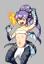 Rule 34 | 1girl, bare shoulders, breasts, breath weapon, breathing fire, claws, dragon girl, fire, highres, loincloth, long hair, midriff, mon-musu quest!, navel, papi (mon-musu quest!), ponytail, purple hair, small breasts, smile, solo, tail