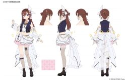 Rule 34 | 1girl, amagai tarou, asymmetrical legwear, back bow, bare shoulders, bear earrings, black footwear, blue eyes, blue jacket, boots, bow, brown hair, character sheet, collared shirt, copyright notice, cropped jacket, cropped shirt, cross-laced footwear, detached sleeves, double-parted bangs, earrings, fishnet socks, fishnet thighhighs, fishnets, frilled skirt, frills, full body, hair between eyes, hair ornament, hair ribbon, half-skirt, half updo, hand up, highres, hololive, jacket, jewelry, kneehighs, lapels, large bow, leather, leather jacket, long hair, looking at viewer, mascot, midriff, miniskirt, multiple views, navel, notched lapels, o-ring, o-ring thigh strap, official alternate costume, official alternate hairstyle, official art, overskirt, pink shirt, pink skirt, ribbon, see-through, see-through sleeves, shirt, skirt, sleeveless, sleeveless jacket, sleeveless shirt, smile, socks, solo, standing, star (symbol), star hair ornament, straight hair, teeth, thigh strap, thighhighs, tokino sora, tokino sora (7th costume), uneven legwear, variant set, virtual youtuber, waist bow, white ribbon, white skirt, white sleeves