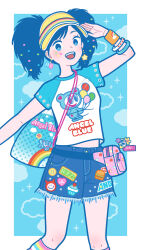 Rule 34 | 1girl, blue eyes, blue shorts, blue theme, bracelet, bright pupils, earrings, feet out of frame, heart, highres, jewelry, looking at viewer, open mouth, original, print shirt, shirt, short sleeves, shorts, smile, solo, twintails, white pupils, yoshimon
