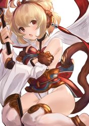 Rule 34 | 1girl, :o, andira (granblue fantasy), animal ears, antenna hair, bare shoulders, barefoot, blonde hair, blush, bow, breasts, cleavage cutout, closed eyes, clothing cutout, detached sleeves, fur-trimmed sleeves, fur trim, granblue fantasy, highres, holding, holding staff, kneeling, leotard, long sleeves, looking at viewer, maou (maoudaisukiya), monkey ears, monkey tail, obi, open mouth, red bow, red eyes, sash, short hair, simple background, small breasts, solo, staff, tail, tareme, thighhighs, toeless legwear, two side up, white background, white leotard, white thighhighs, wide sleeves