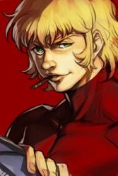 Rule 34 | 1boy, blonde hair, bodysuit, cigar, cobra (space adventure cobra), fingernails, green eyes, half-closed eye, hungry clicker, looking at viewer, male focus, mouth hold, parted lips, red background, red bodysuit, simple background, smile, solo, space adventure cobra, uneven eyes, upper body