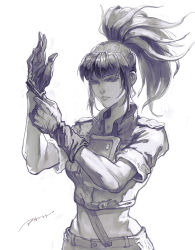 Rule 34 | 1girl, absurdres, closed mouth, earrings, gloves, highres, jacket, jewelry, leona heidern, long hair, looking at viewer, military, military uniform, monochrome, ponytail, signature, simple background, snk, soldier, solo, the king of fighters, uniform, white background, yang chen (lee5)