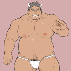 Rule 34 | 1boy, bara, belly, bulge, character request, cowboy shot, dark-skinned male, dark skin, facial hair, fat, fat man, forked eyebrows, fundoshi, japanese clothes, kijima hyogo, large pectorals, leg hair, male focus, male pubic hair, male underwear, muscular, muscular male, navel, navel hair, nipples, pectorals, pubic hair, puffy chest, short hair, sideburns, smile, solo, stomach, stubble, thick eyebrows, thick thighs, thighs, tokyo houkago summoners, underwear, underwear only, white male underwear