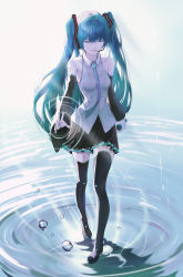 Rule 34 | 1girl, absurdres, black footwear, black skirt, black sleeves, blue hair, blue necktie, boots, closed eyes, closed mouth, collared shirt, detached sleeves, dress shirt, floating hair, full body, grey shirt, hair ornament, hatsune miku, headphones, headset, highres, holding, holding microphone, long hair, long sleeves, melt (melt out1), microphone, miniskirt, necktie, pleated skirt, shirt, skirt, sleeveless, sleeveless shirt, smile, solo, standing, thigh boots, thighhighs, twintails, very long hair, vocaloid, water surface, wing collar, zettai ryouiki