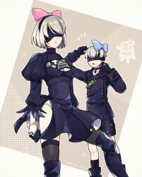 Rule 34 | 1boy, 1girl, 2b (nier:automata), 9s (nier:automata), blindfold, blue bow, boots, bow, breasts, commentary request, covered eyes, dress, hair bow, jacket, leotard, leotard under clothes, machine (nier), malt 40, nier:automata, nier (series), pink bow, shorts, small breasts