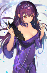 Rule 34 | 1girl, arm up, breasts, cleavage, covered navel, dress, fate/grand order, fate (series), feather trim, fur-trimmed dress, fur trim, hair between eyes, headpiece, holding, holding wand, large breasts, long hair, looking afar, nayuta (una), purple dress, purple hair, red eyes, scathach (fate), scathach skadi (fate), snow, tiara, wand, wide sleeves