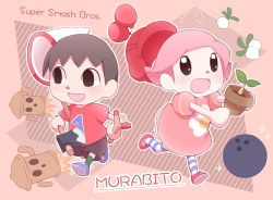 Rule 34 | 1boy, 1girl, :d, animal crossing, axe, bad id, bad pixiv id, ball, balloon, bowling ball, brown hair, butterfly net, character name, dress, floral print, flower pot, hand net, helmet, mary janes, nintendo, open mouth, pink hair, sapling, shiny skin, shirt, shoes, short hair, shorts, slingshot (weapon), smile, socks, solid oval eyes, striped clothes, striped legwear, striped socks, super smash bros., t-shirt, turnip, unworn headwear, unworn helmet, villager (animal crossing), weapon