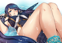Rule 34 | 1girl, bare shoulders, blue dress, blue eyes, blue hair, dress, hair ornament, long hair, looking at viewer, lying, mibry (phrysm), ningyo hime (sinoalice), on back, open mouth, sinoalice, sleeveless, sleeveless dress, solo, twintails, water, wet