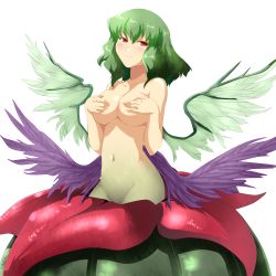 Rule 34 | 1girl, alraune, blush, breasts, covering privates, covering breasts, female focus, flower, green hair, groin, highres, kazami yuuka, monster girl, navel, nude, nude cover, plant girl, red eyes, reon (saikyou), seihou, short hair, solo, touhou, wings