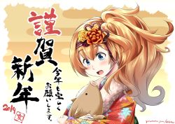 Rule 34 | 1girl, alternate costume, alternate hairstyle, animal, blonde hair, blue eyes, commentary request, gambier bay (kancolle), hair between eyes, hairband, hug, japanese clothes, kantai collection, kimono, new year, open mouth, pig, red kimono, side ponytail, signature, upper body, yuzu momo