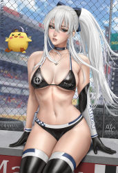 Rule 34 | 1girl, anchor print, animal, artist name, asymmetrical gloves, azur lane, baseball cap, bikini, bird, black bikini, black bow, black gloves, black thighhighs, blue bow, blue eyes, blue sky, blurry, blurry background, bow, breasts, chain-link fence, cloud, commentary request, copyright name, dated, day, depth of field, elbow gloves, enterprise (azur lane), enterprise (wind catcher) (azur lane), fence, flying sweatdrops, gloves, hair between eyes, hair bow, hat, highres, jewelry, lips, long hair, looking to the side, manjuu (azur lane), medium breasts, motion blur, motion lines, navel, necklace, official alternate costume, outdoors, parted lips, ponytail, print bikini, race queen, racetrack, sciamano240, signature, sitting, sky, stomach, striped, striped bow, swimsuit, thighhighs, tire, two-tone bow, white hair