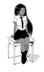 Rule 34 | 1girl, black shirt, boots, collared shirt, commentary, dark-skinned female, dark skin, desk, english commentary, expressionless, greyscale, hair behind ear, highres, long hair, looking at viewer, love sucks for these losers, monochrome, necktie, on desk, school desk, school uniform, shadow, shirt, shirt tucked in, silrance, sitting, on desk, skirt, solo, tori burenda nelzy, very long hair