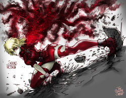 Rule 34 | 1girl, amputee, artist name, badge, belt, blonde hair, boots, breasts, broken ground, character name, commentary, english commentary, gloves, hair between eyes, hellsing, highres, large breasts, miniskirt, red eyes, red skirt, seras victoria, short hair, skirt, solo, the golden smurf, thighhighs, thighs, torn clothes, torn thighhighs, uniform, vampire