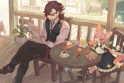 Rule 34 | 1boy, 1girl, animal ear fluff, animal ears, bench, black pants, black vest, brown footwear, burger, cat ears, cat girl, cat tail, chair, chalkboard sign, child, coffee, coffee cup, crossed legs, cup, disposable cup, dress, eating, food, glasses, holding, holding newspaper, long hair, long sleeves, newspaper, original, pants, pinafore dress, pink hair, plant, porch, potted plant, puffy long sleeves, puffy sleeves, reading, sandwich, shirt, shoes, sitting, sleeveless, sleeveless dress, stairs, table, tail, urabe (mstchan), veranda, very long hair, vest, white shirt, wooden chair, wooden porch, wooden table