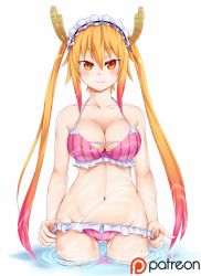 Rule 34 | 10s, 1girl, bare arms, bare shoulders, bikini, bikini pull, blonde hair, blush, breasts, cleavage, closed mouth, clothes pull, collarbone, cowboy shot, dragon girl, dragon horns, frilled bikini, frills, gluteal fold, gradient eyes, gradient hair, groin, hair between eyes, horns, index finger raised, kobayashi-san chi no maidragon, large breasts, long hair, looking at viewer, maid headdress, multicolored eyes, multicolored hair, navel, orange eyes, orange hair, partially submerged, patreon, pointing, pulling own clothes, red hair, ripples, rixch, sidelocks, simple background, slit pupils, smile, solo, standing, stomach, strap gap, striped bikini, striped clothes, swimsuit, tohru (maidragon), twintails, vertical-striped bikini, vertical-striped clothes, wading, water, watermark, white background, yellow eyes